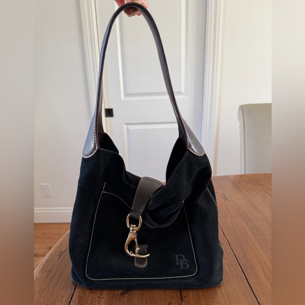 Dooney & Bourke Black Suede Hobo Bag with Gold Accents
